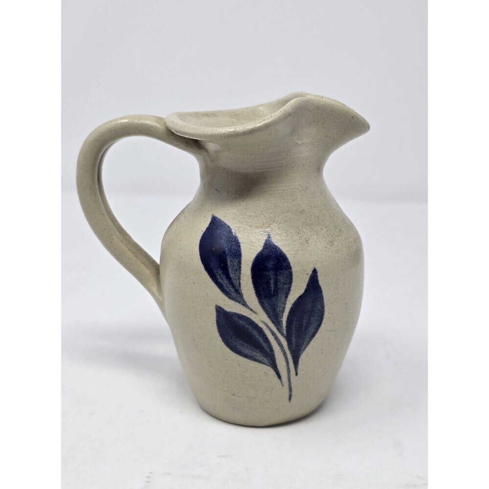 Williansburg Salt Glazed Pottery 4.5" Pitcher Blue Leaf Pattern